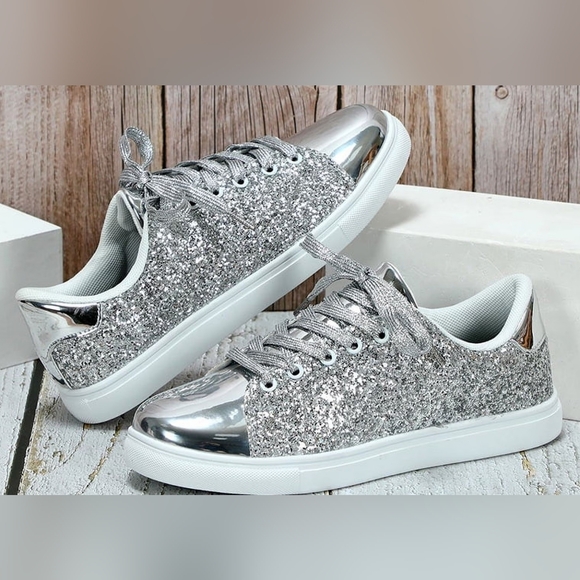 Lucky Brand Shoes - Silver Glitter Platform Sneakers for Women Size 8